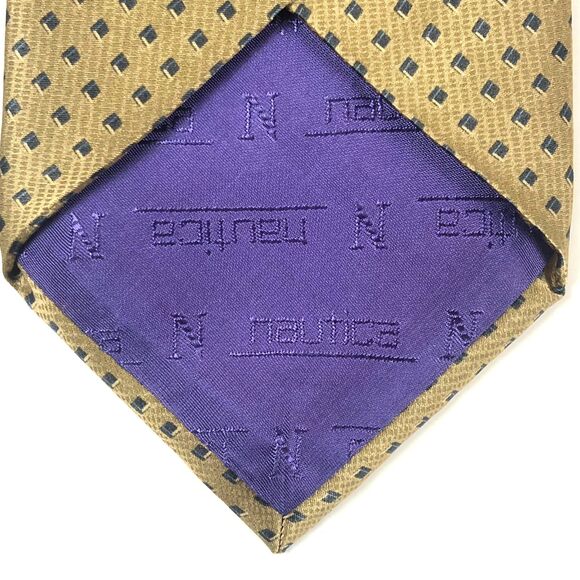 Nautica 100% Silk Tie Gold Tan Navy Blue Cube Geometric Pattern Classic Mens - Picture 4 of 7